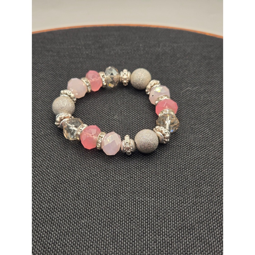Pink Glass Crystal Beaded Stretch Bracelet Silver Tone Stardust Accents Sparkle
